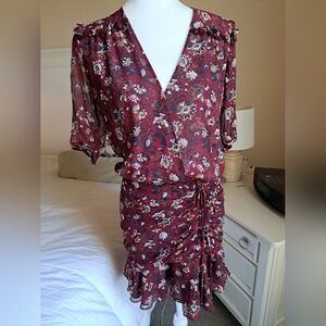 Veronica Beard Floral Bordeaux Dakota Ruched Silk Mini Dress Burgundy Size 6 EUC